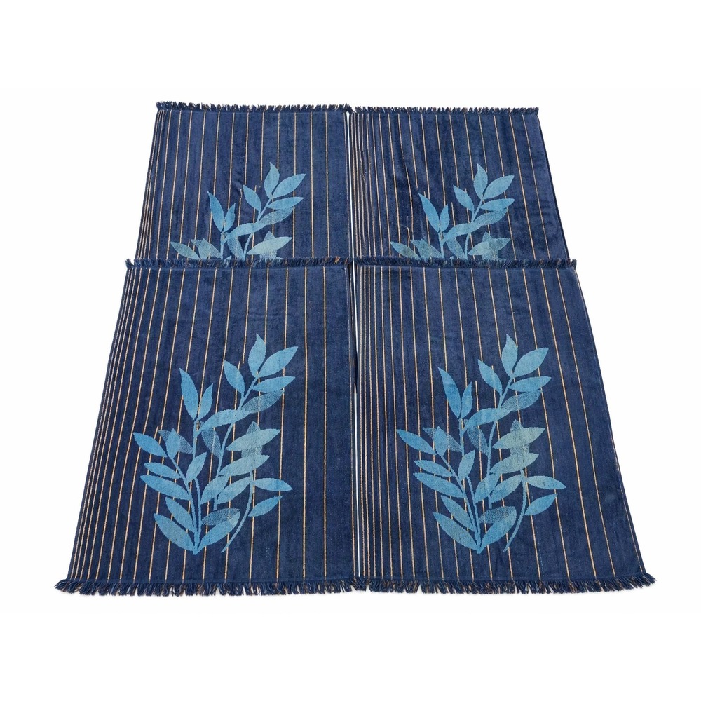 Vintage Cannon Monticello Blue Leaf Stripe Bath Towels Fringe Set of 4 Retro